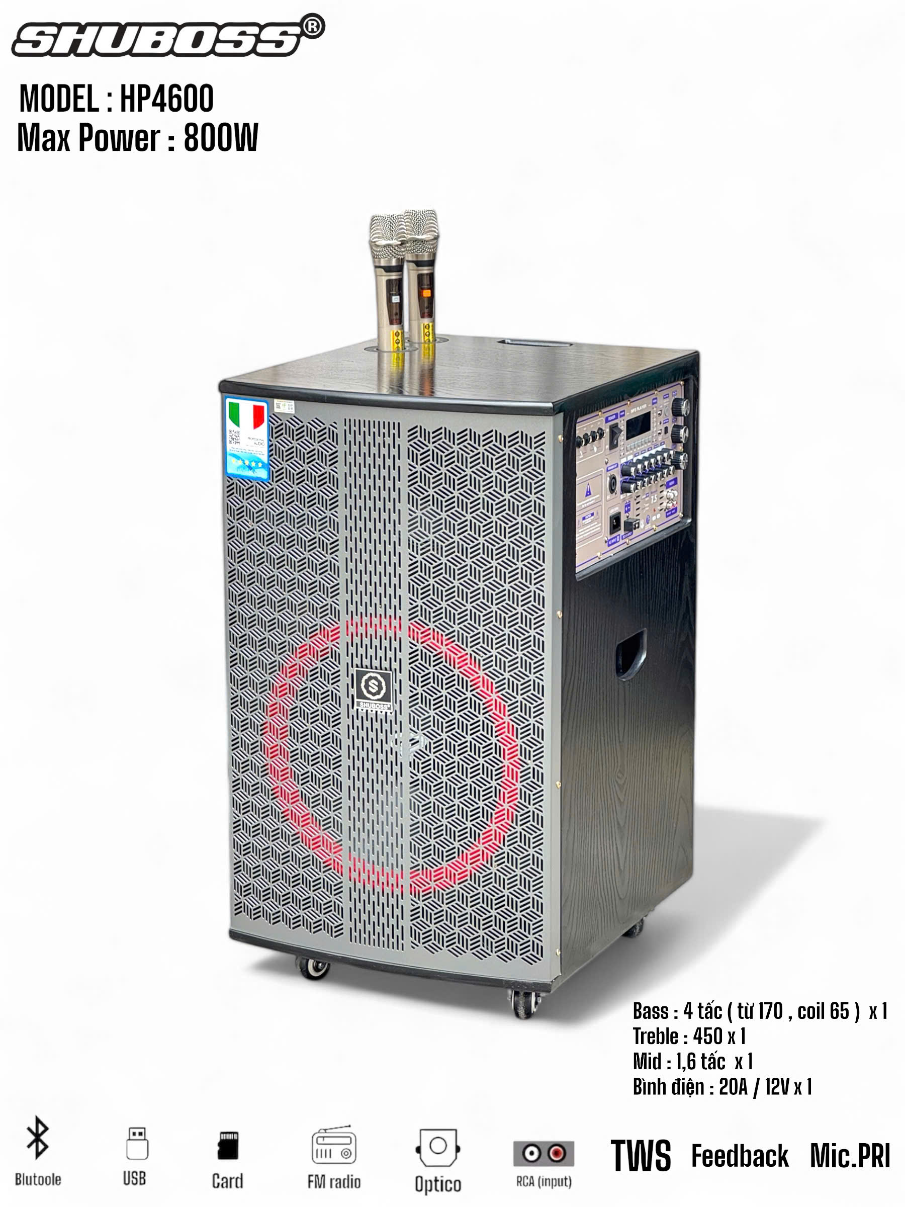 Loa kéo 4 tấc karaoke di động công suất lớn Shuboss HP4600